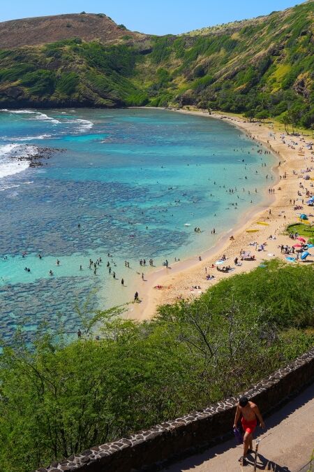 Access ramp to the beach of Hanauma Bay Nature Preserve on O'ahu island in Hawaii, United States