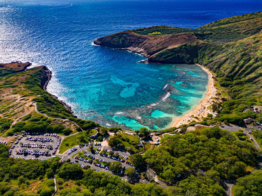 An aerial view of Hanauma Bay on the island of O'ahu in Hawaii