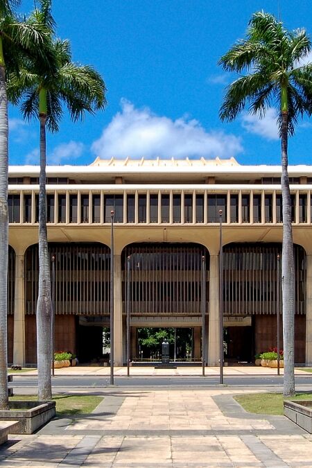 The Hawaii State Capitol is the official statehouse or capitol building of the U.S. state of Hawaii - Honolulu, USA