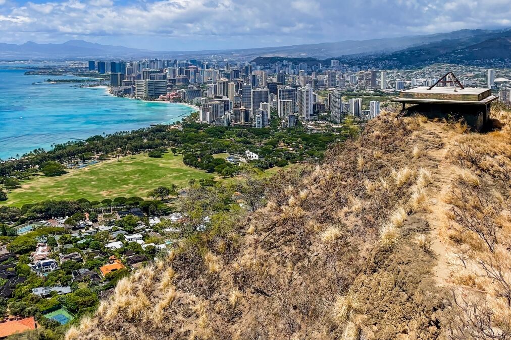 Hiking the Diamond Head Volcano Trail in Honolulu, Hawaii, looking down at Waikiki, Hawaii from the Fire Control Station used in World War 2