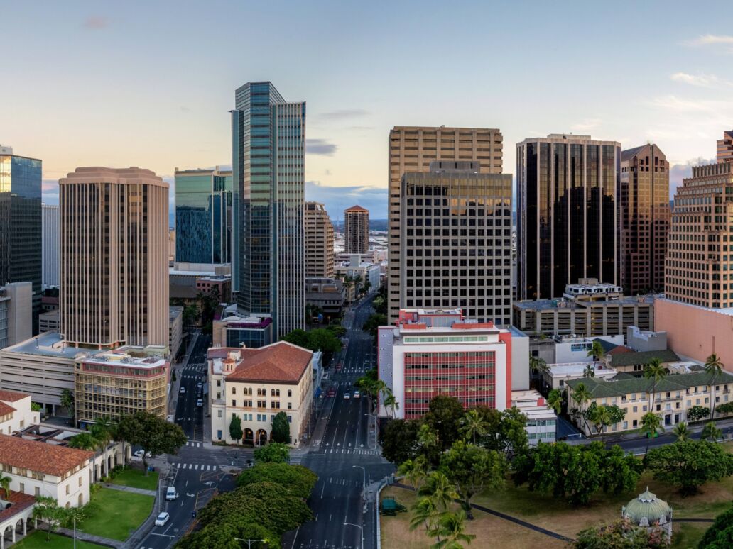 Downtown Honolulu and its financial district at sunrise