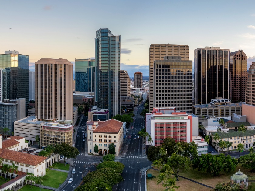 Downtown Honolulu and its financial district at sunrise