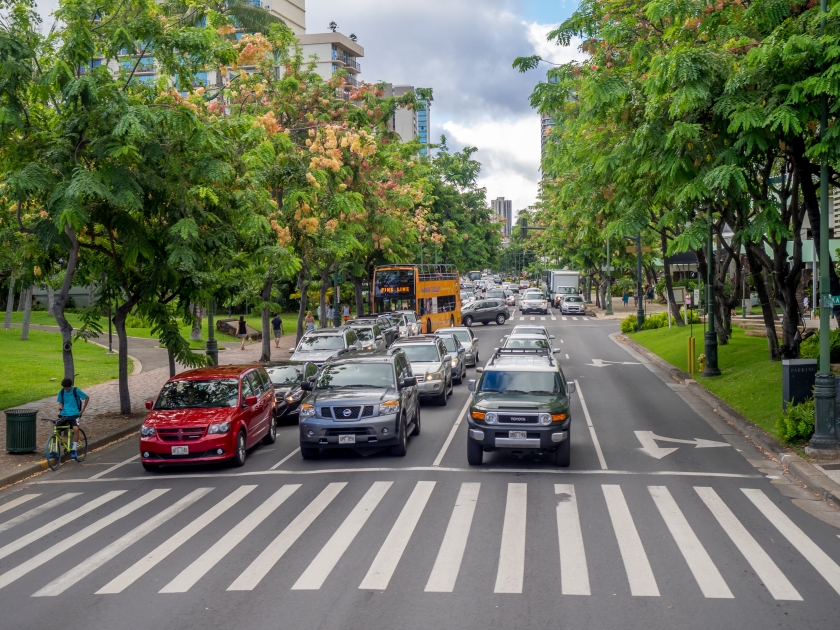 HONOLULU, USA - AUG 7: Famous Kalakaua Avenue on August 7, 2016 in Honolulu, Usa. Kalakaua is the main avenue through Waikiki.