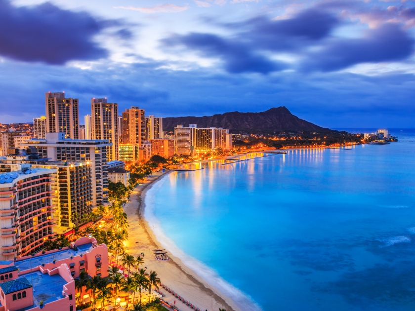 Honolulu, Hawaii. Skyline of Honolulu, Diamond Head volcano including the hotels and buildings on Waikiki Beach.