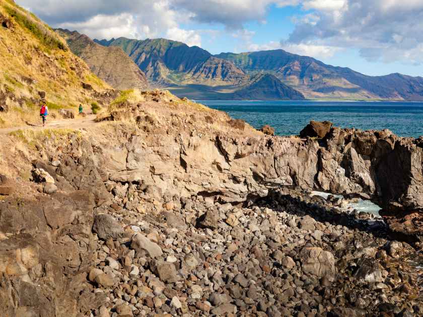 Panorama coastal landscape and seascape of Kaena Point National Park on Oahu, Hawaii north shore with rocky arch. / Kaena Point Panorama Landscape