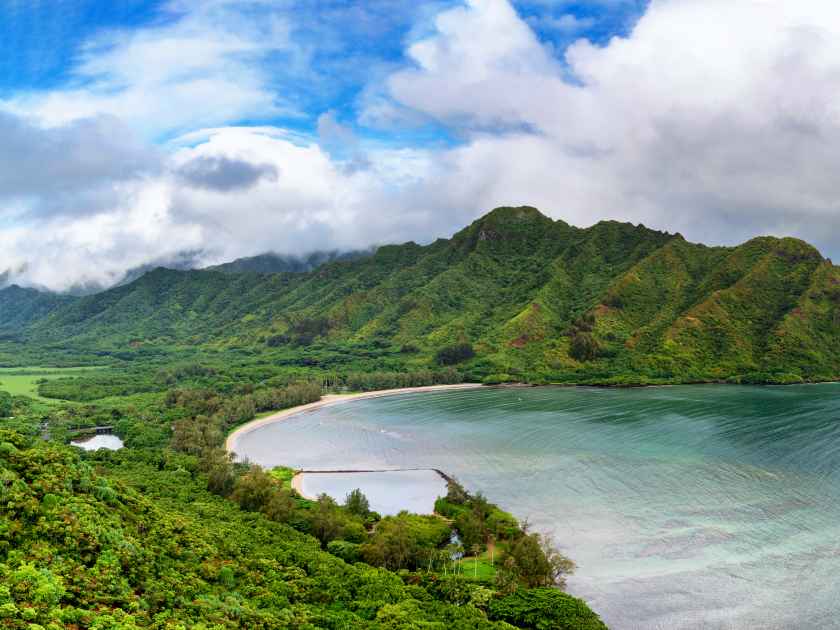 View from Crouching Lion hike, overlooking Kahana Bay on the east shore of Oahu