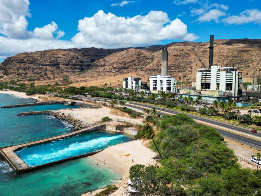 The West Coast of Oahu, Hawaii, at Electric Beach with the Kehe Point Oil Powered Generator Facility and the Hot Water Discharge Outlet and the Beach Entry Area Where there is good snorkeling