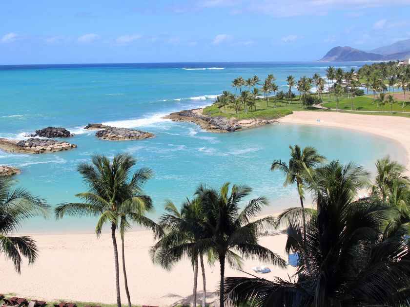 View of the Ko Olina beach resort and the Naia Lagoon, Oahu, Hawaii, USA