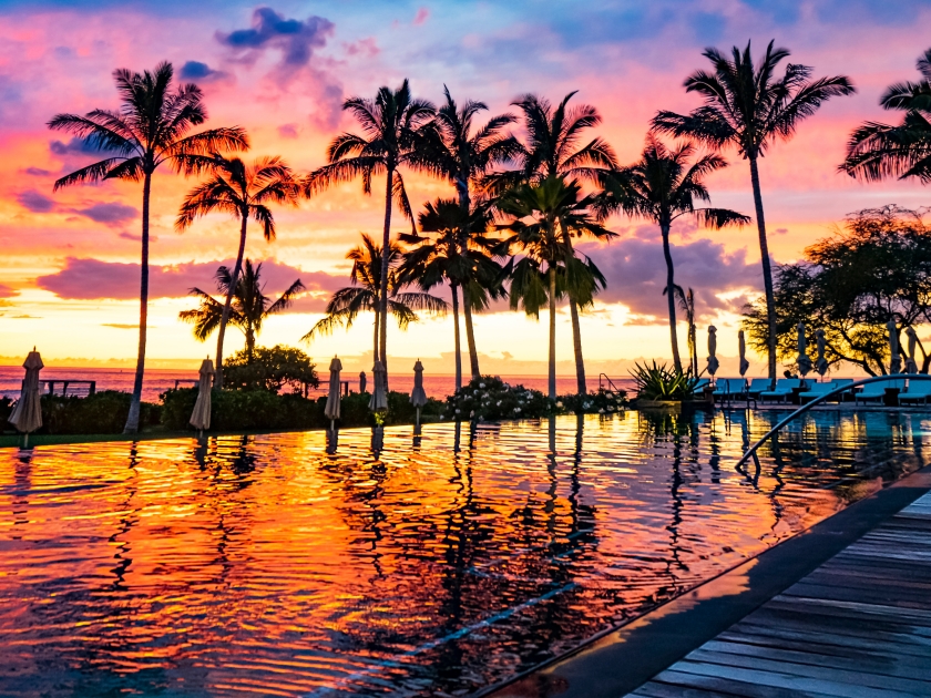 Hawaii Honolulu Pool Side Sunset And Palm Trees