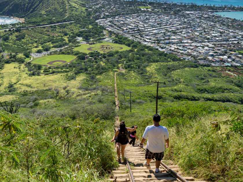 Koko Head Crater and hikers, overlooking Maunalua Bay and the famous Hanauma Bay