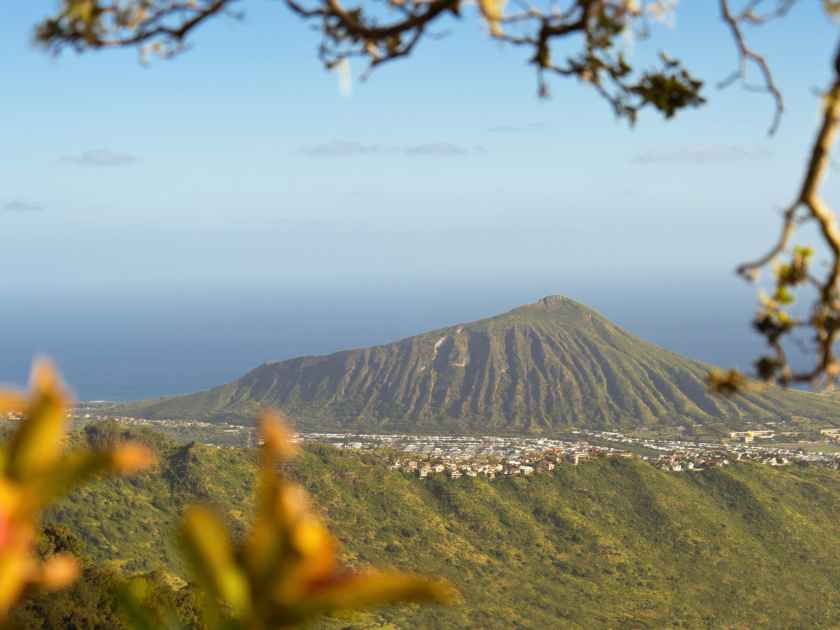 View of Koko Head Crater, a popular hiking destination, from atop Kuliouou Ridge on the south shore of Oahu, Hawaii