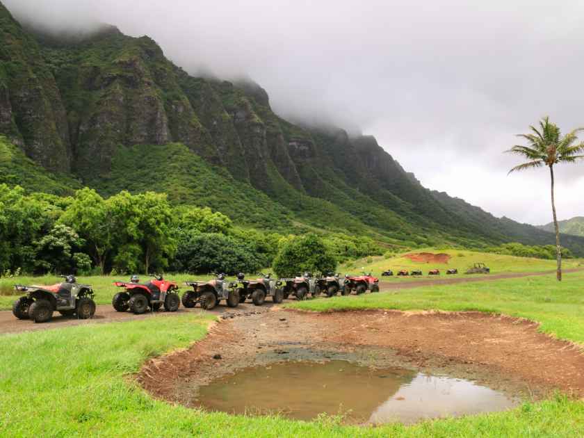 ATVs in a row on unpaved road with mountain and medow background