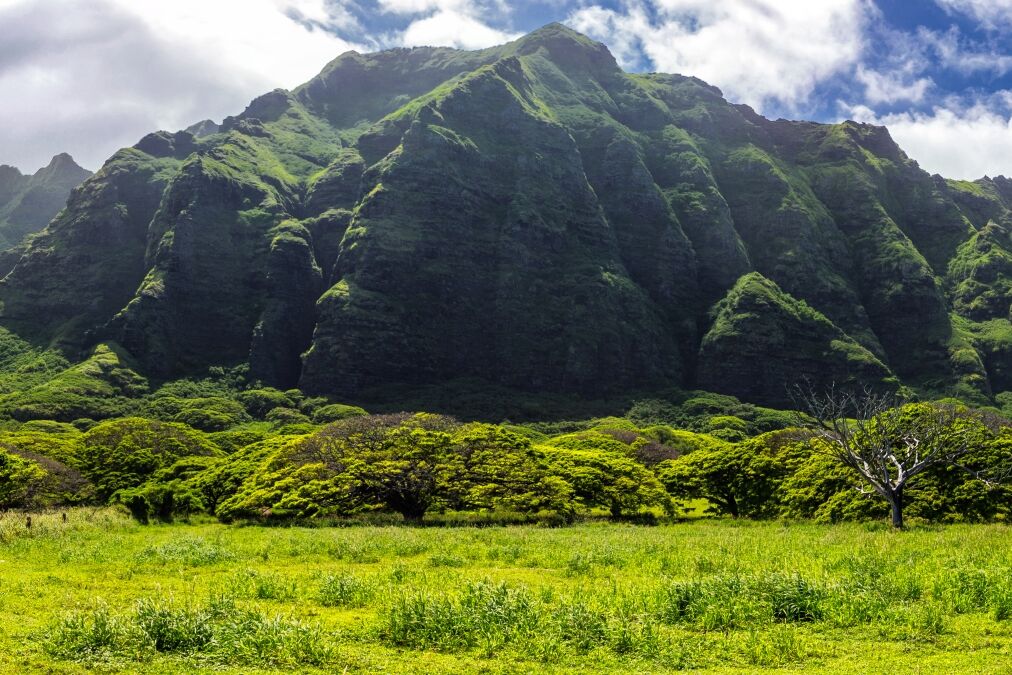 Kualoa mountain range panoramic view, famous filming location on Oahu island, Hawaii