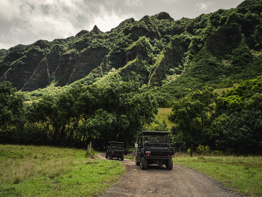 Oahu, Hawaii - August 23rd 2019: Beautiful scenery driving UTVs at Kualoa Ranch, Oahu Hawaii.