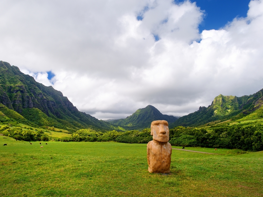 Easter island head on Kualoa Ranch, Oahu, Hawaii