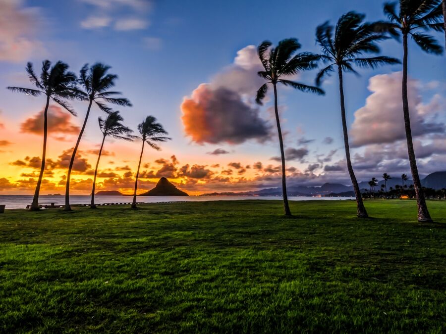 Dawn at Mokoli?i a.ka. Chinaman's Hat island in K?ne'ohe Bay, Hawaii from Kualoa Regional Park