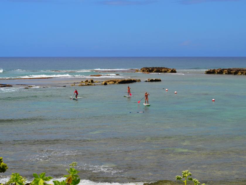 Oahu, Hawaii, Kuilima Cove, girls are engaged Stand Up Paddling