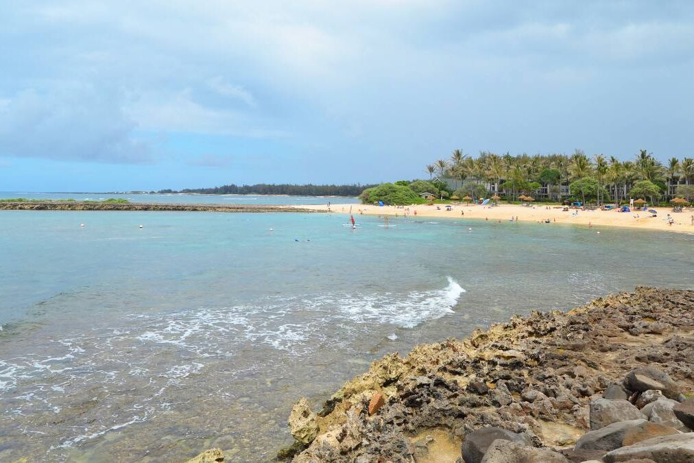 Oahu, Hawaii, Kuilima Cove, wonderful beach, Tropical sandy beach, palm trees, azure sea