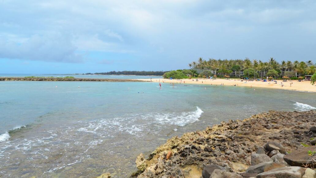 Oahu, Hawaii, Kuilima Cove, wonderful beach, Tropical sandy beach, palm trees, azure sea