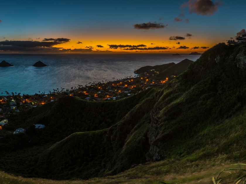 Golden hour dawn view of Lanikai, Hawaii - from the Kaiwa ridge ( pillbox )