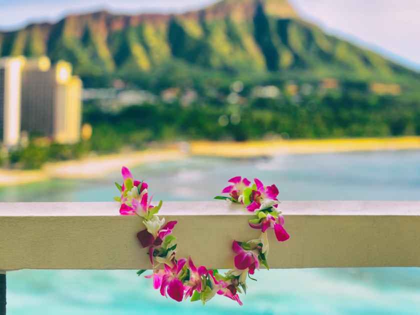 Hawaii background hawaiian flower lei with Waikiki beach landscape.