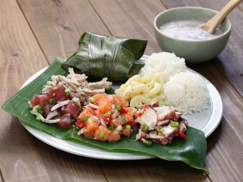 hawaiian traditional plate lunch,ahi poke,lomi lomi salmon,tako poke,kalua pork,poi,lau lau