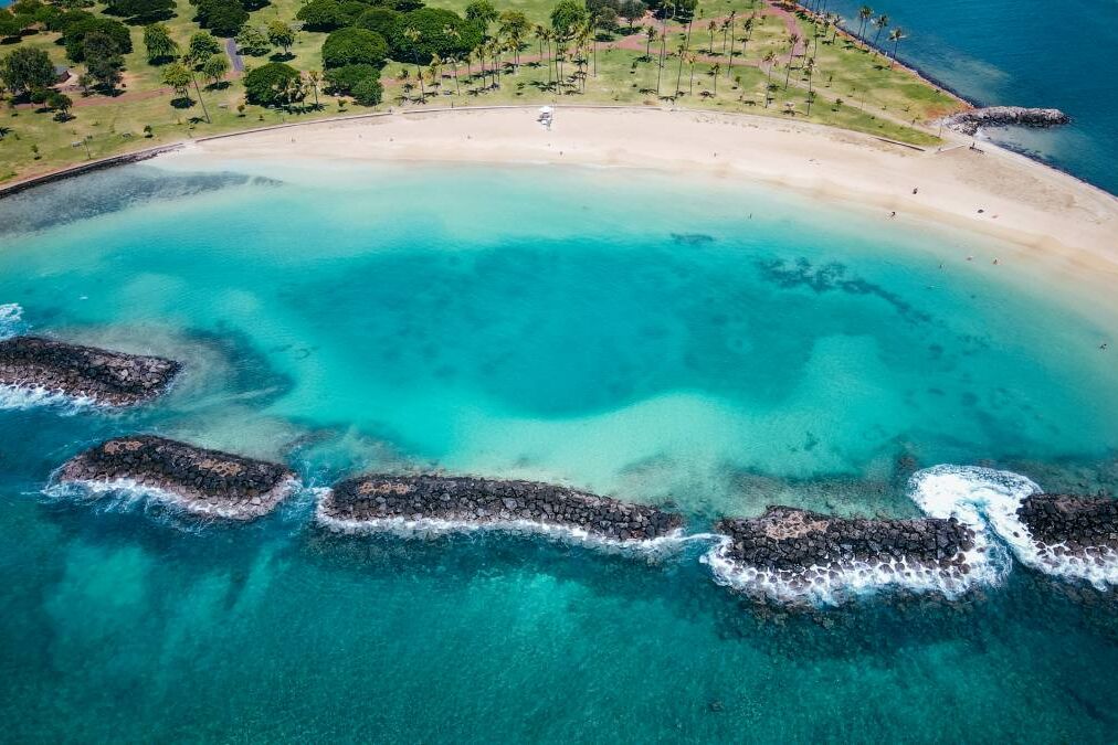 Aerial Magic Island Lagoon, Oahu, Hawaii