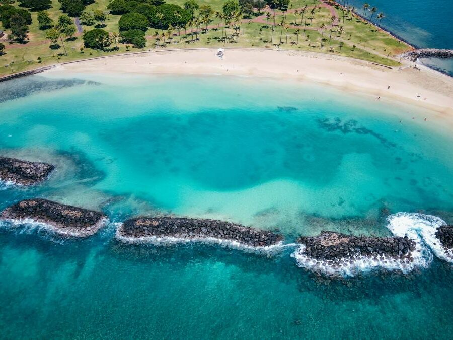 Aerial Magic Island Lagoon, Oahu, Hawaii
