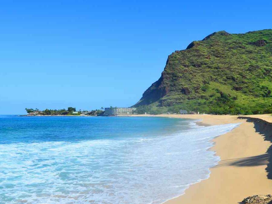 Oahu, Hawaii, Makaha beach in the morning, wonderful beach, the best in Hawaii, Tropical sandy beach, palm trees, azure sea