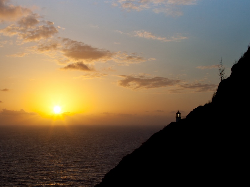 Sunrise over Makapu'u point and lighthouse on the coast of Oahu.