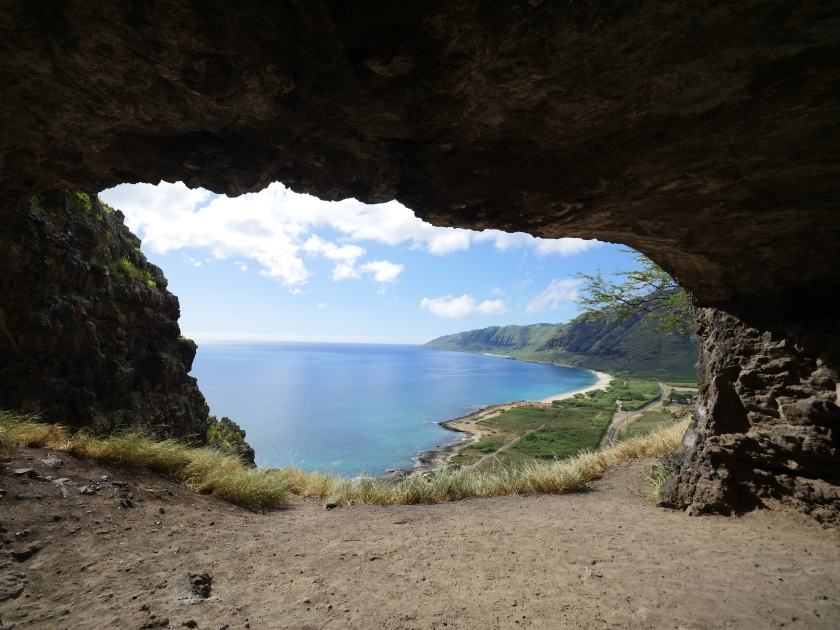 upper Makua Cave view on the makua beach at the west side of Oahu island, Hawaii