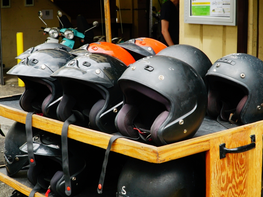 Honolulu Hawaii USA. October 11, 2019. Helmets waiting to protect peoples heads if they rent a scooter.
