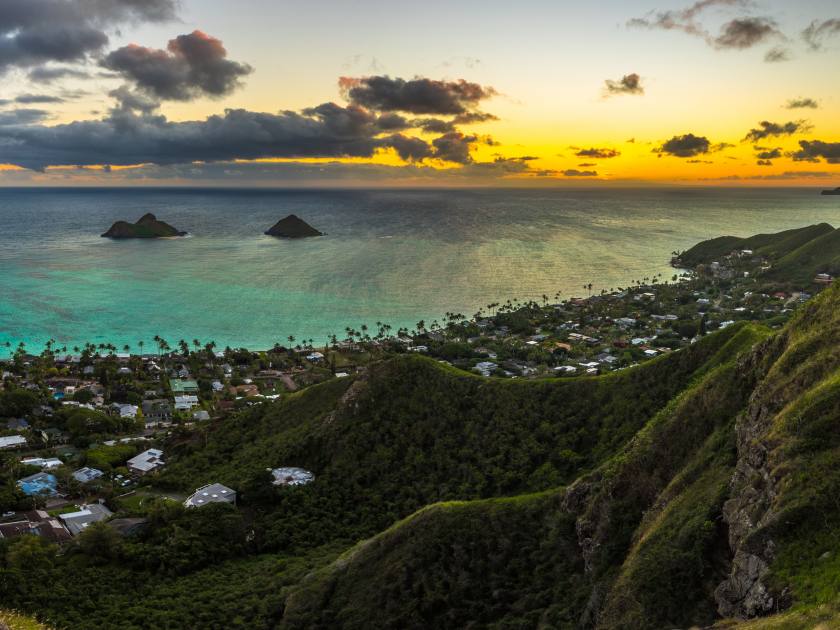 dawn pre sunrise over Lanikai Hawaii and pacific ocean - see Mokulea islands in the distance