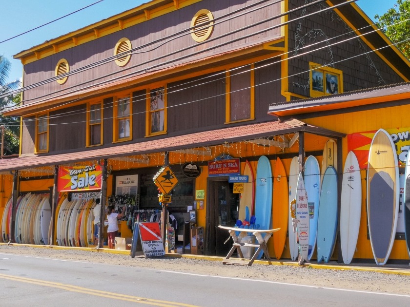 HALEIWA, UNITED STATES OF AMERICA - JANUARY 12 2015: wide shot of a historic surf store at haleiwa on the north shore of hawaii