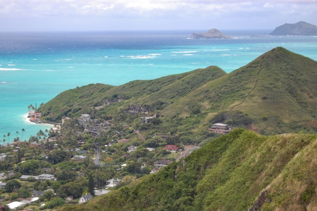 View of Oahu windward coast from Lanikai hiking trail, Oahu, Hawaii