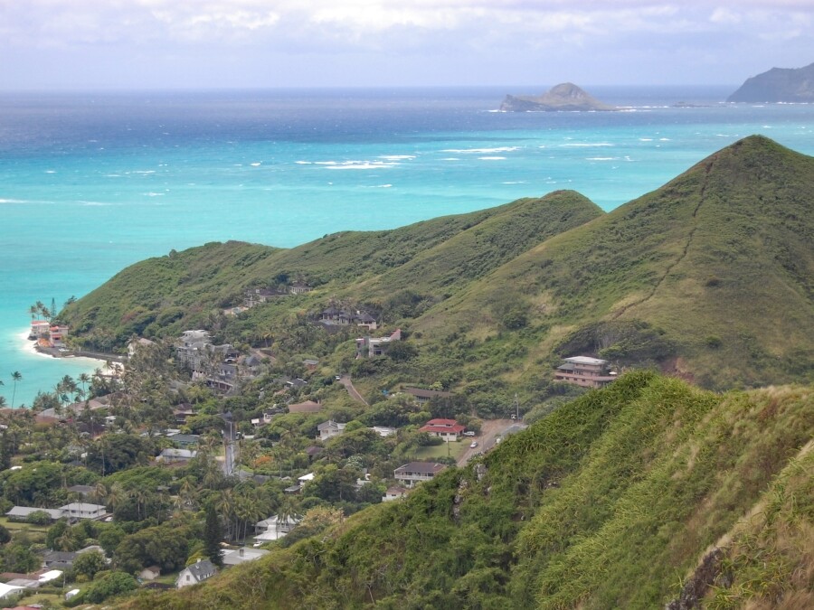 View of Oahu windward coast from Lanikai hiking trail, Oahu, Hawaii