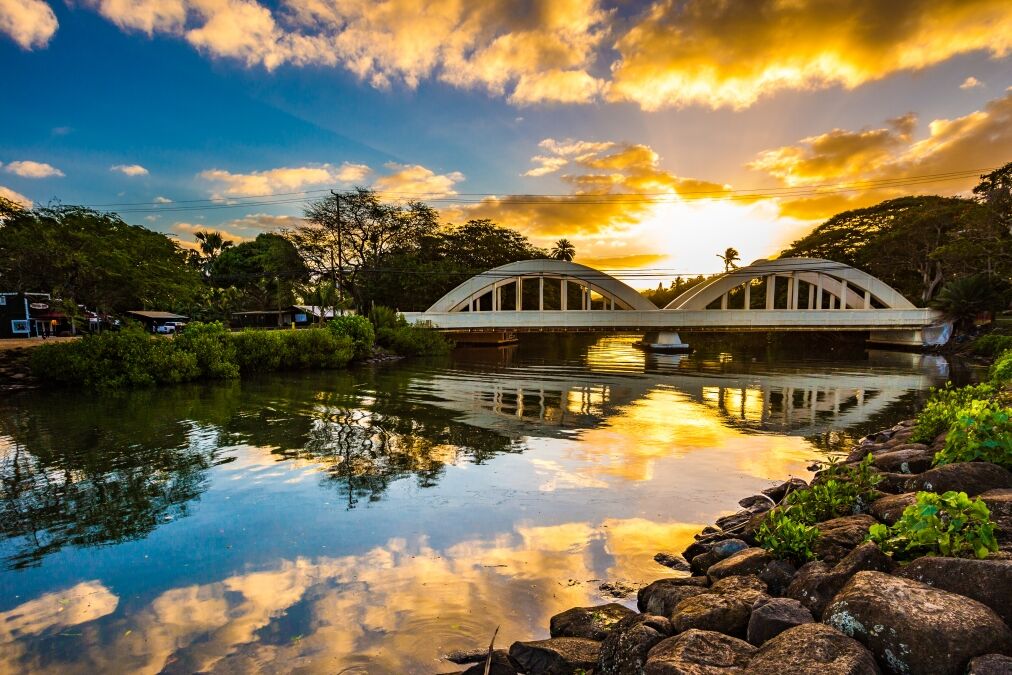 Sunrise over the Anahulu Stream Bridge in Haleiwa, Oahu, Hawaii