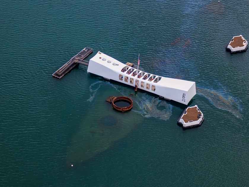 Aerial view of USS Arizona Memorial, World War II Valor In The Pacific National Monument in Pearl Harbor Honolulu Hawaii