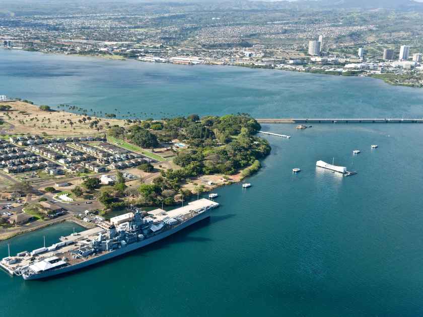 Helicopter shot of Pearl Harbor, Hawaii