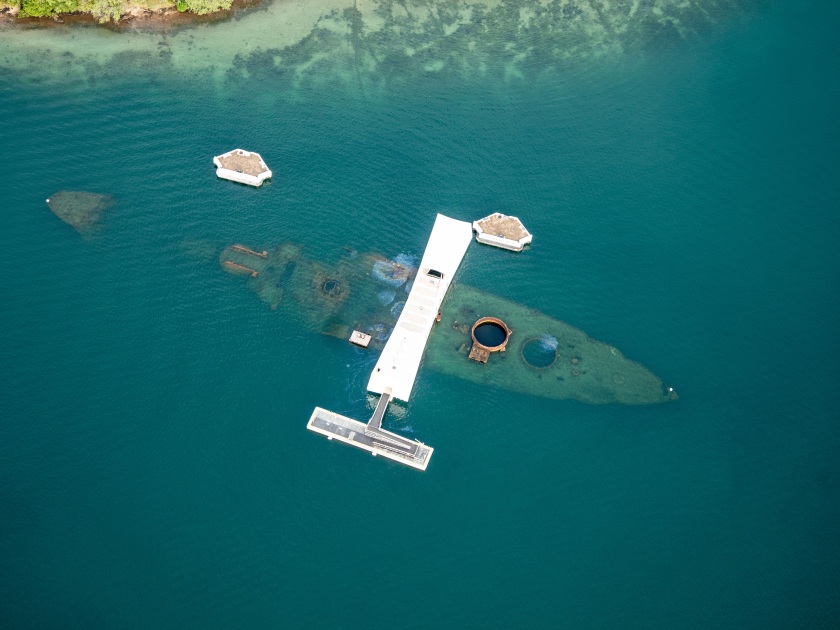 Aerial view of the USS Arizona Memorial at Ford Island, Joint Base Pearl Harbor-Hickam, Hawaii Oct. 11, 2023.