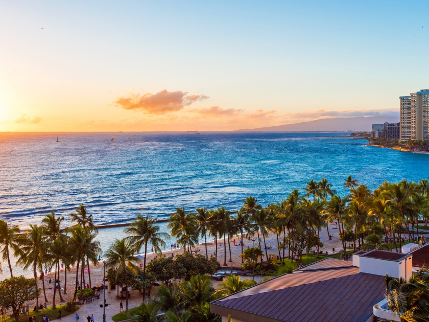 View of the Waikiki beach at sunset, Honolulu, Hawaii. Copy space for text