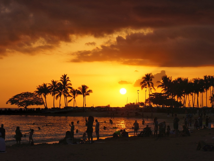 Sunset at Waikiki Beach in Oahu, Hawaii
