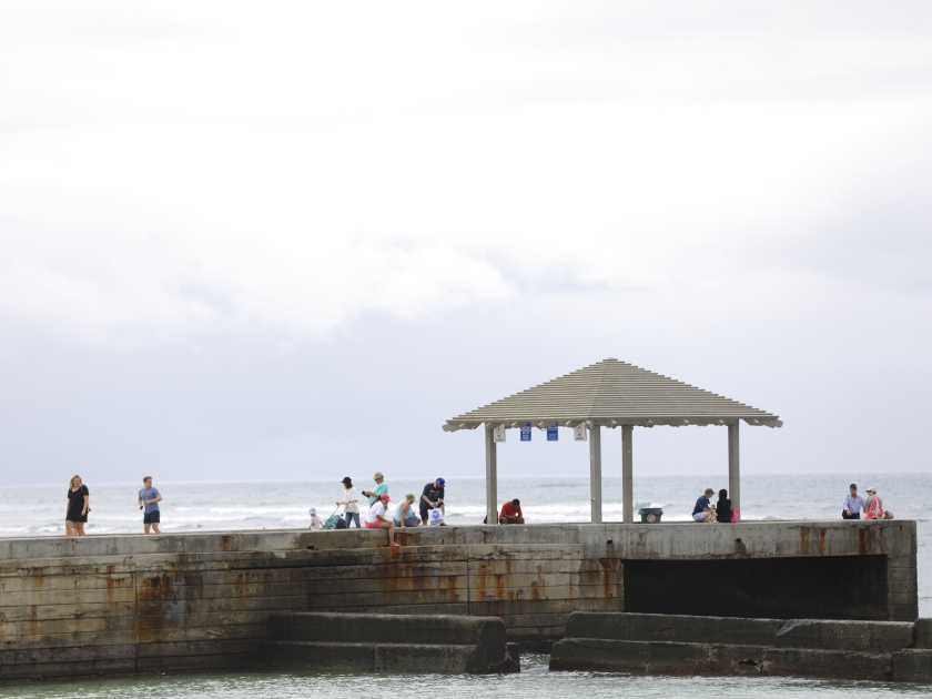 WAIKIKI, USA - FEBRUARY 15, 2017: Image of people touring the Waikiki wall on Waikiki Beach Honolulu Oahu Hawaii