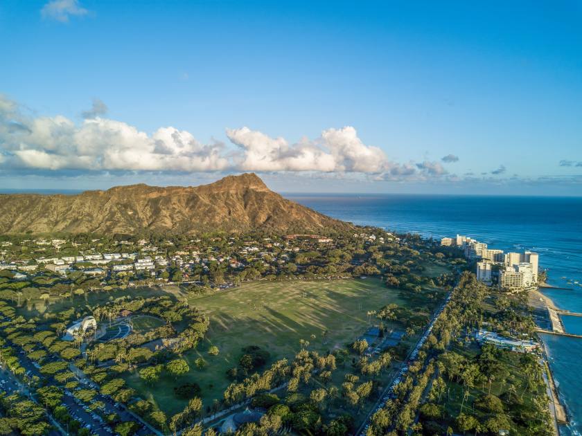 Aerial drone shot view of Kapiolani Park in Honolulu in Hawaii