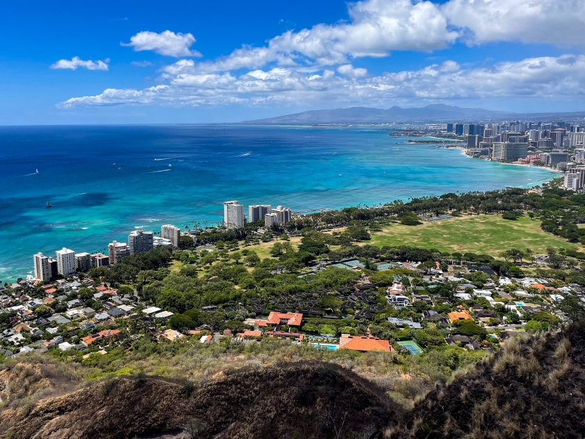 Hiking the Diamond Head Volcano Trail in Honolulu, Hawaii, looking down at Waikiki, Hawaii from the Fire Control Station used in World War 2