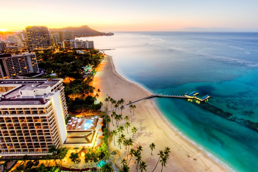 Aerial View of Sunrise at Waikiki Beach