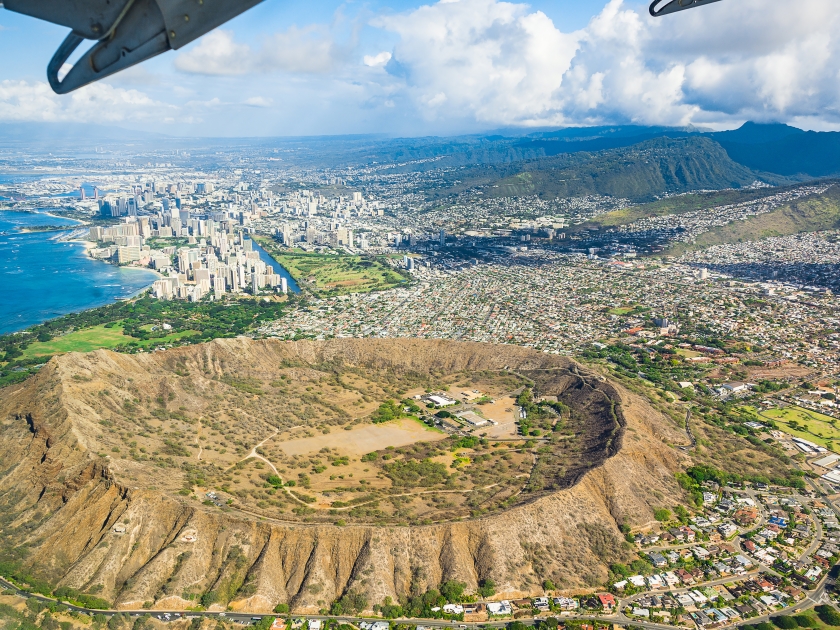 Beautiful aerial view on the Diamond head crater near Honolulu city from above.