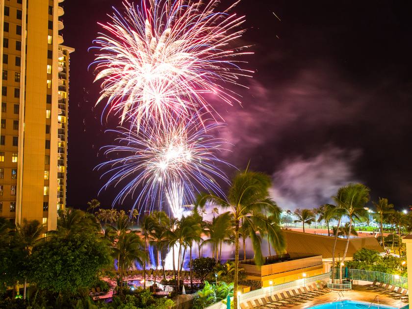 Beautiful fireworks in Waikiki in Honolulu, Hawaii, USA