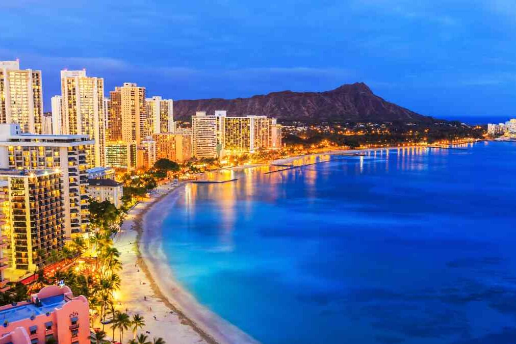 Honolulu, Hawaii. Skyline of Honolulu, Diamond Head volcano including the hotels and buildings on Waikiki Beach.