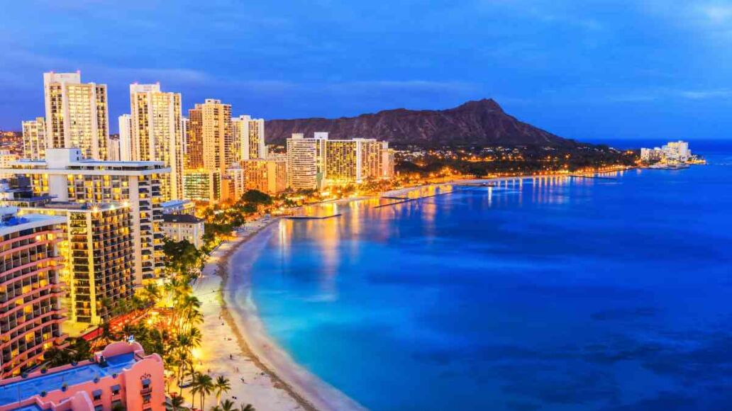Honolulu, Hawaii. Skyline of Honolulu, Diamond Head volcano including the hotels and buildings on Waikiki Beach.